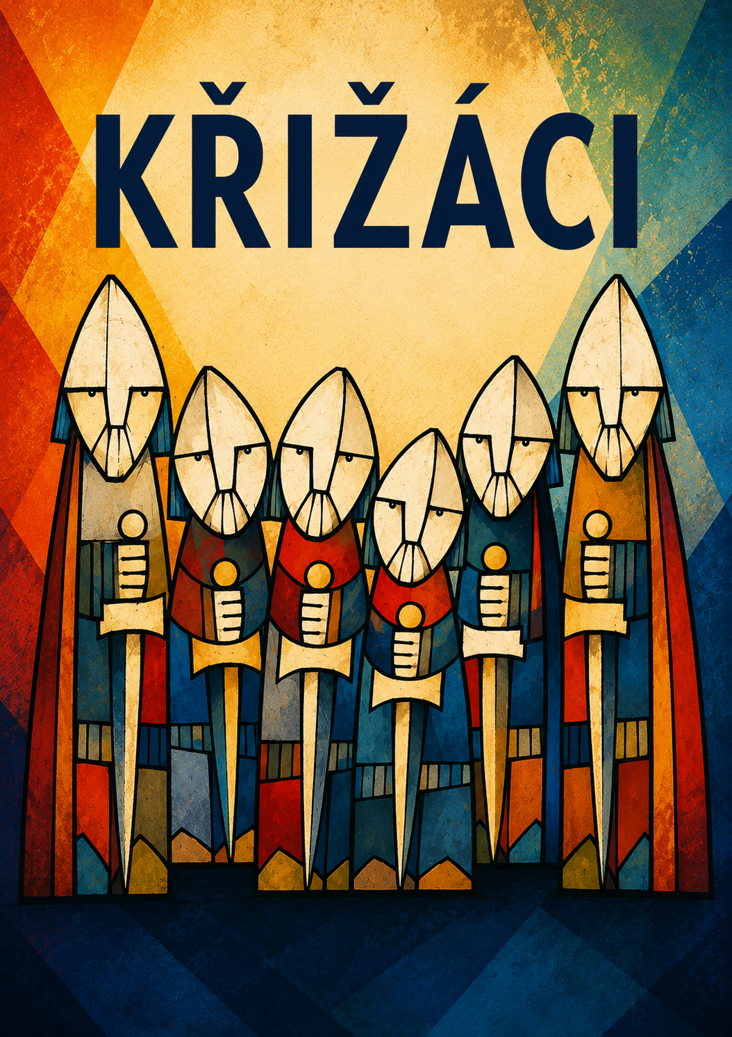 Ilustrace šesti robotů s meči, barevné pozadí a velký nápis KRIZACI uprostřed.